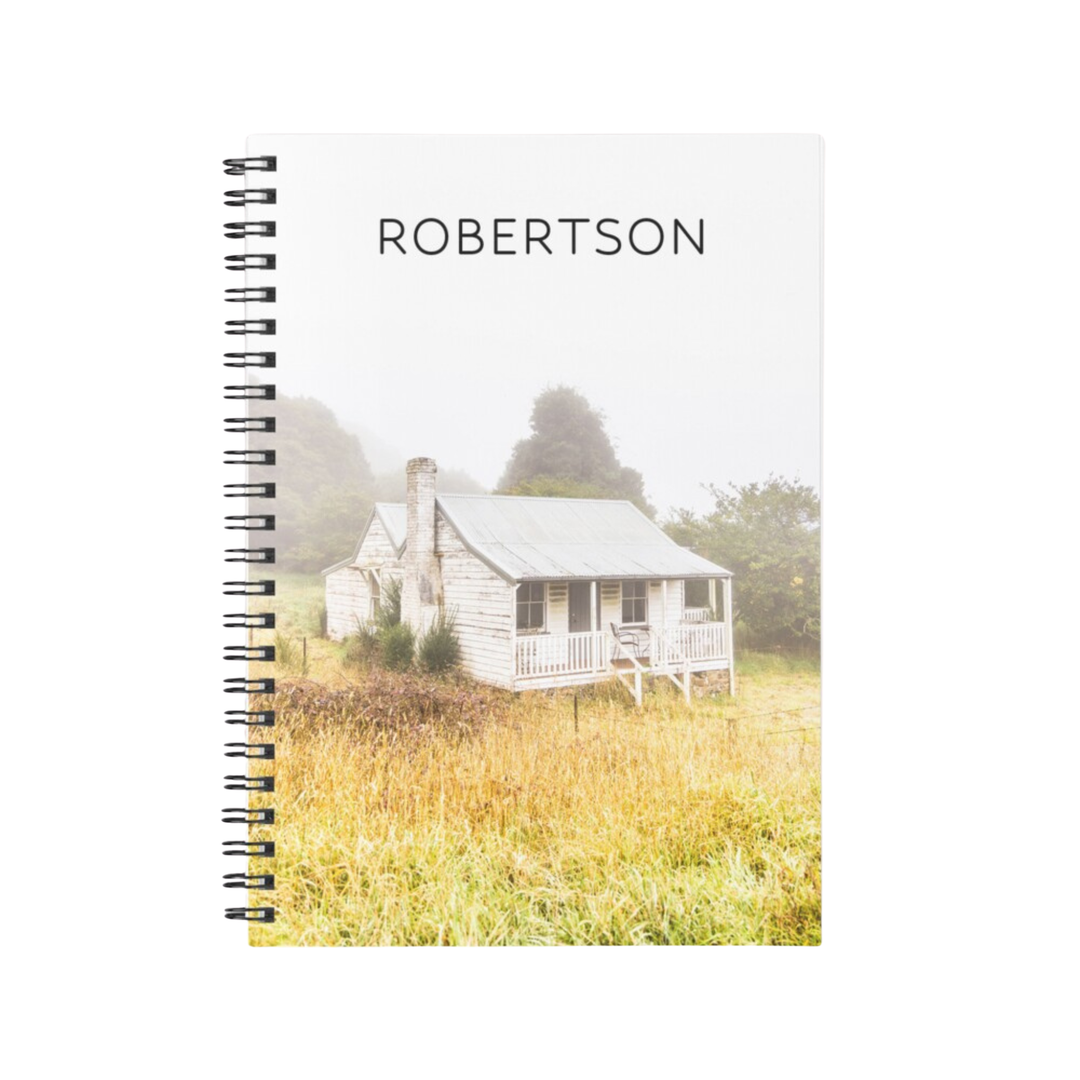 Spiral-bound notebook with a cover photo of a vintage Robertson cottage on Hoddle Street by photographer Belinda Doyle.