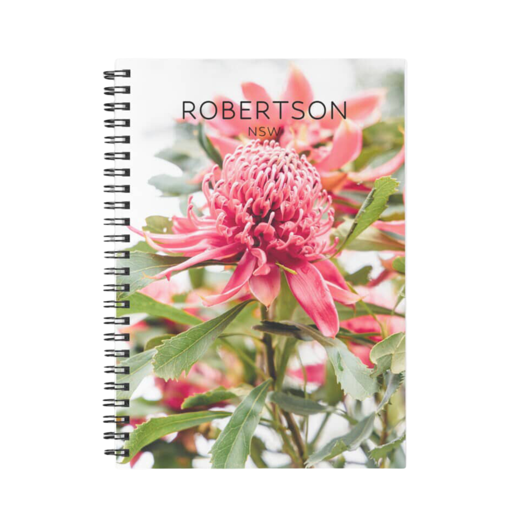 Notebook featuring a full bloom Waratah flower and the words Robertson, NSW.