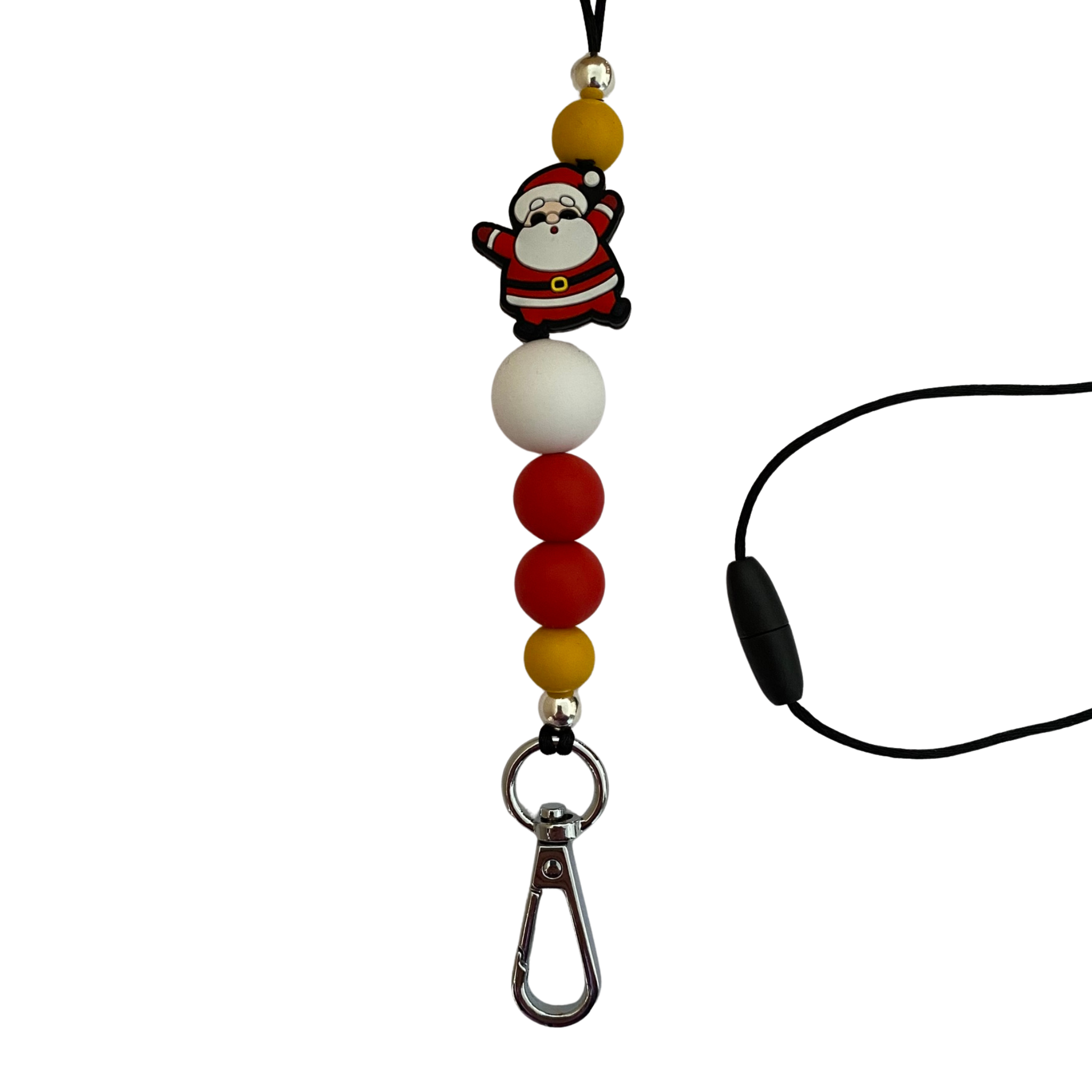 A 60cm lanyard fitted with a safety break away clasp featuring a santa claus bead and other coloured round silicone beads.