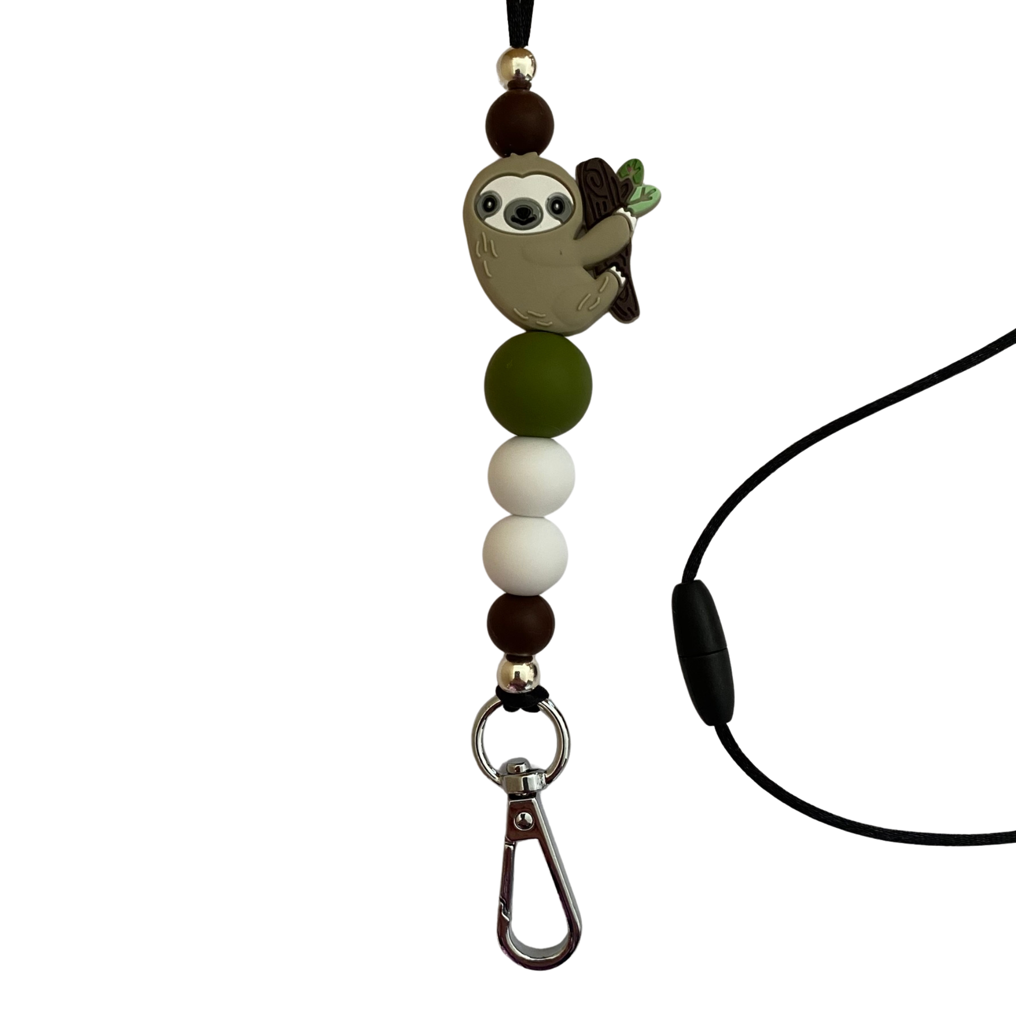 A 60cm lanyard fitted with a safety break away clasp featuring a sloth silicone bead and other coloured round silicone beads.