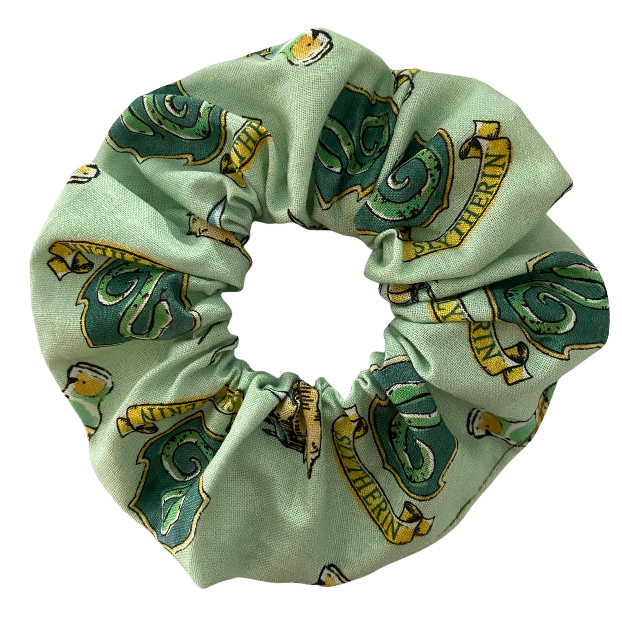 Harry Potter Slytherin House Scrunchie is handmade from soft woven cotton fabric and finished with high-quality braided elastic, available in four sizes.