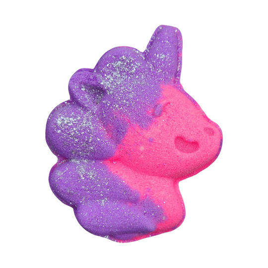 A picture of a sparkly unicorn head bath bomb with pink and purple colours.