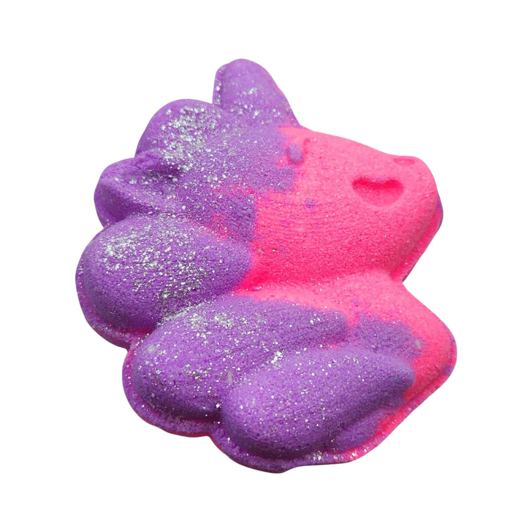 A side view of a sparkly unicorn head bath bomb with pink and purple colours.