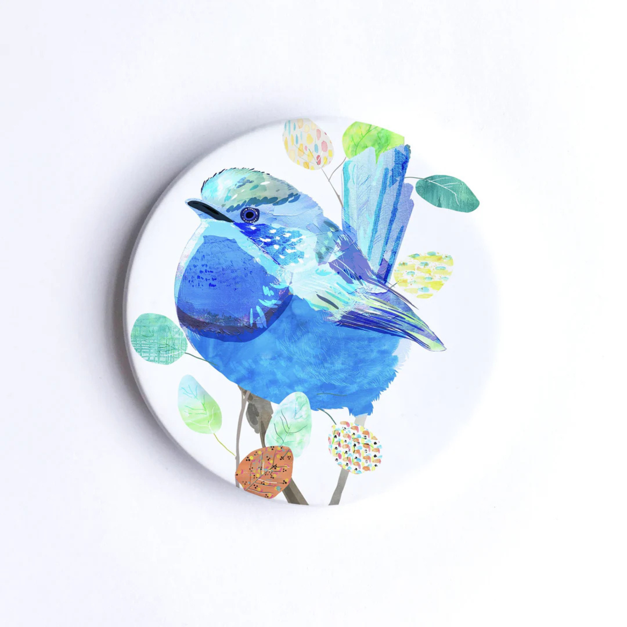 A 90mm diameter ceramic drink coaster featuring a picture of a Splendid Fairy-wren.