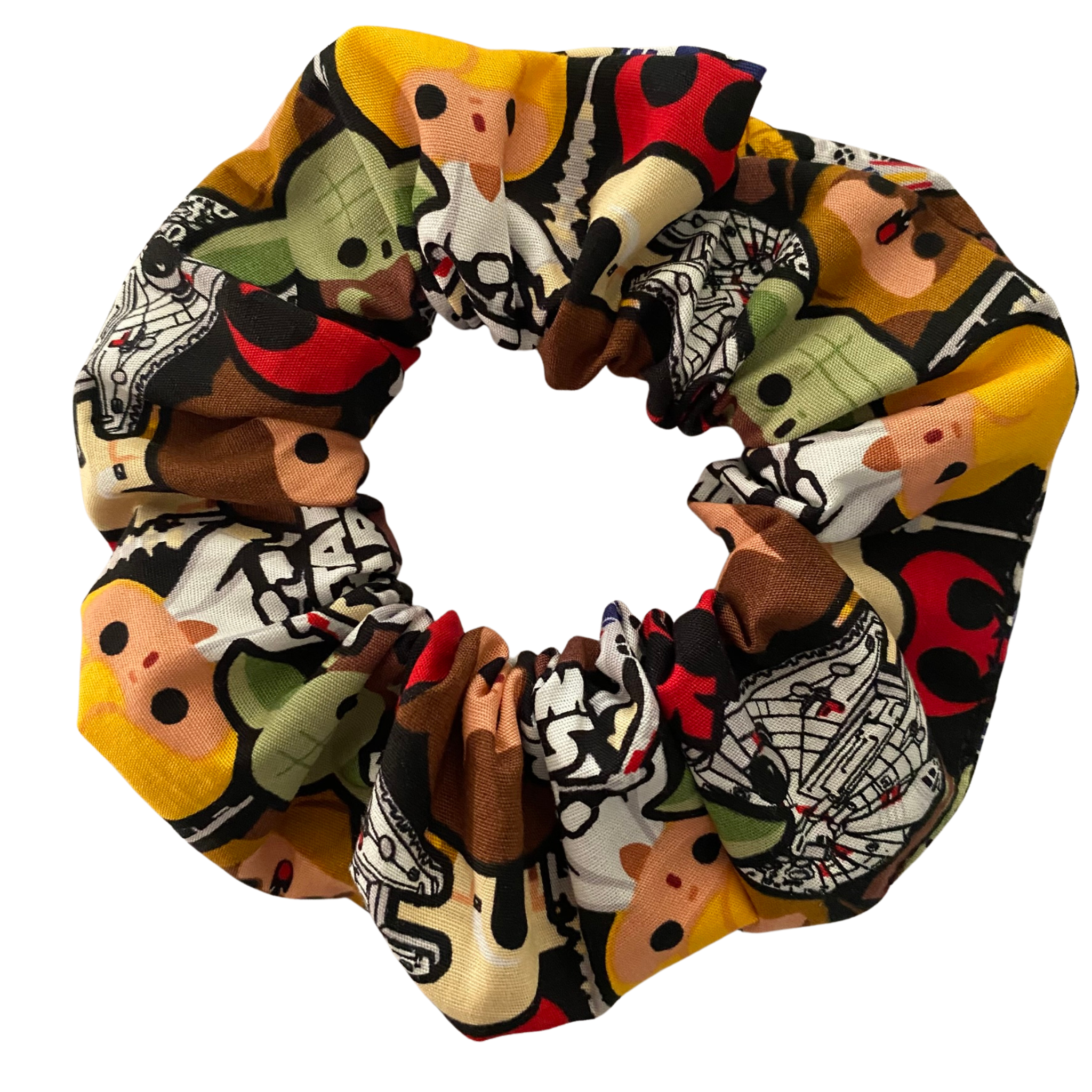 A black fabric scrunchie with images of all your favourite Star Wars characters.