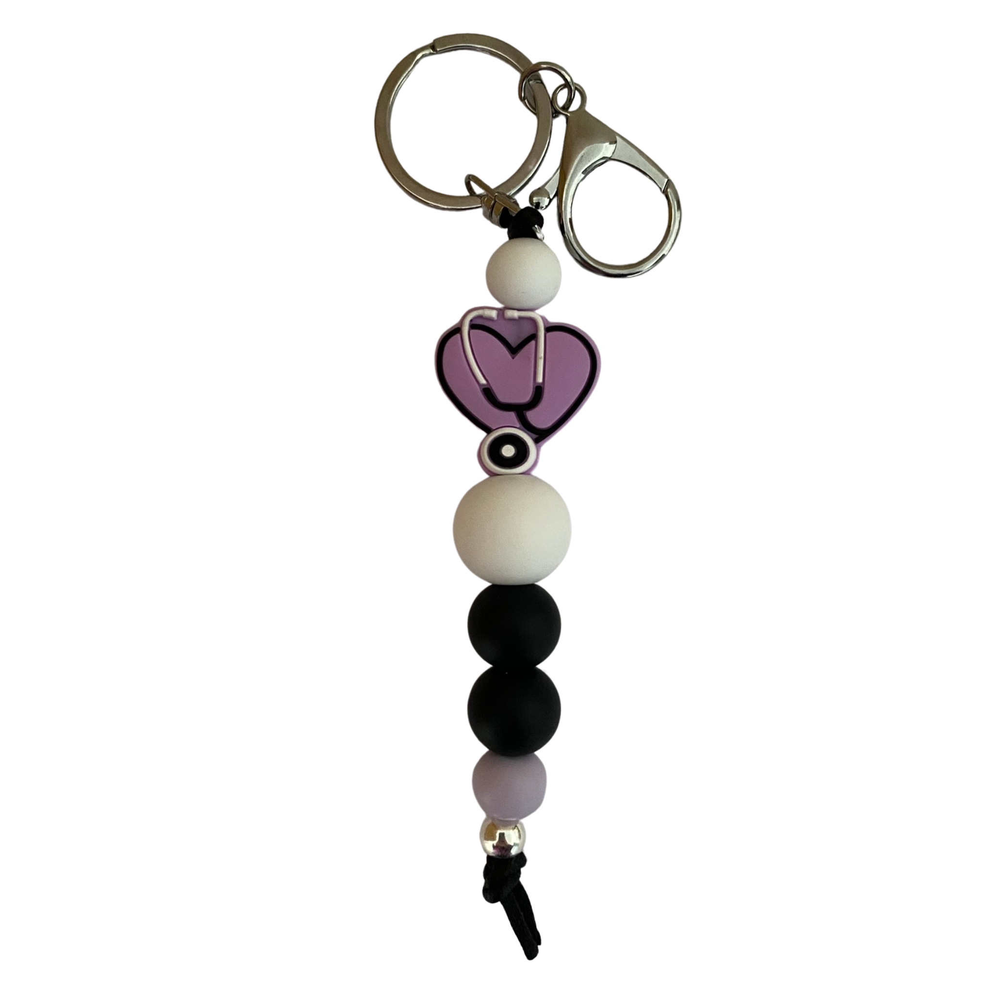 An 18cm keyring featuring a Stethoscope Heart lavender silicone bead and other round coloured beads.