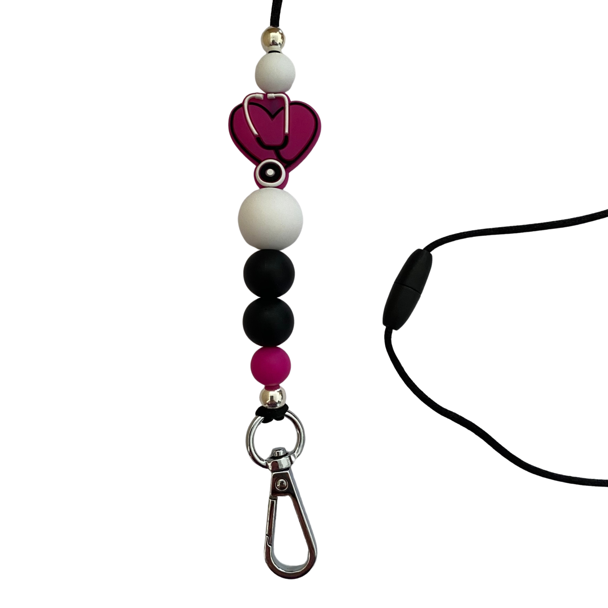 A 60cm lanyard fitted with a safety break away clasp and a Stethoscope Heart Magenta silicone bead and other coloured round silicone beads.