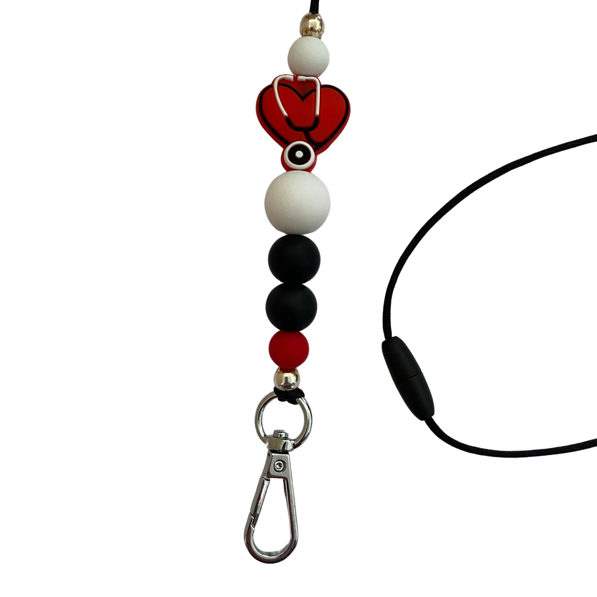 A 60cm lanyard fitted with a safety break away clasp and a Stethoscope Heart Red silicone bead and other coloured round silicone beads.
