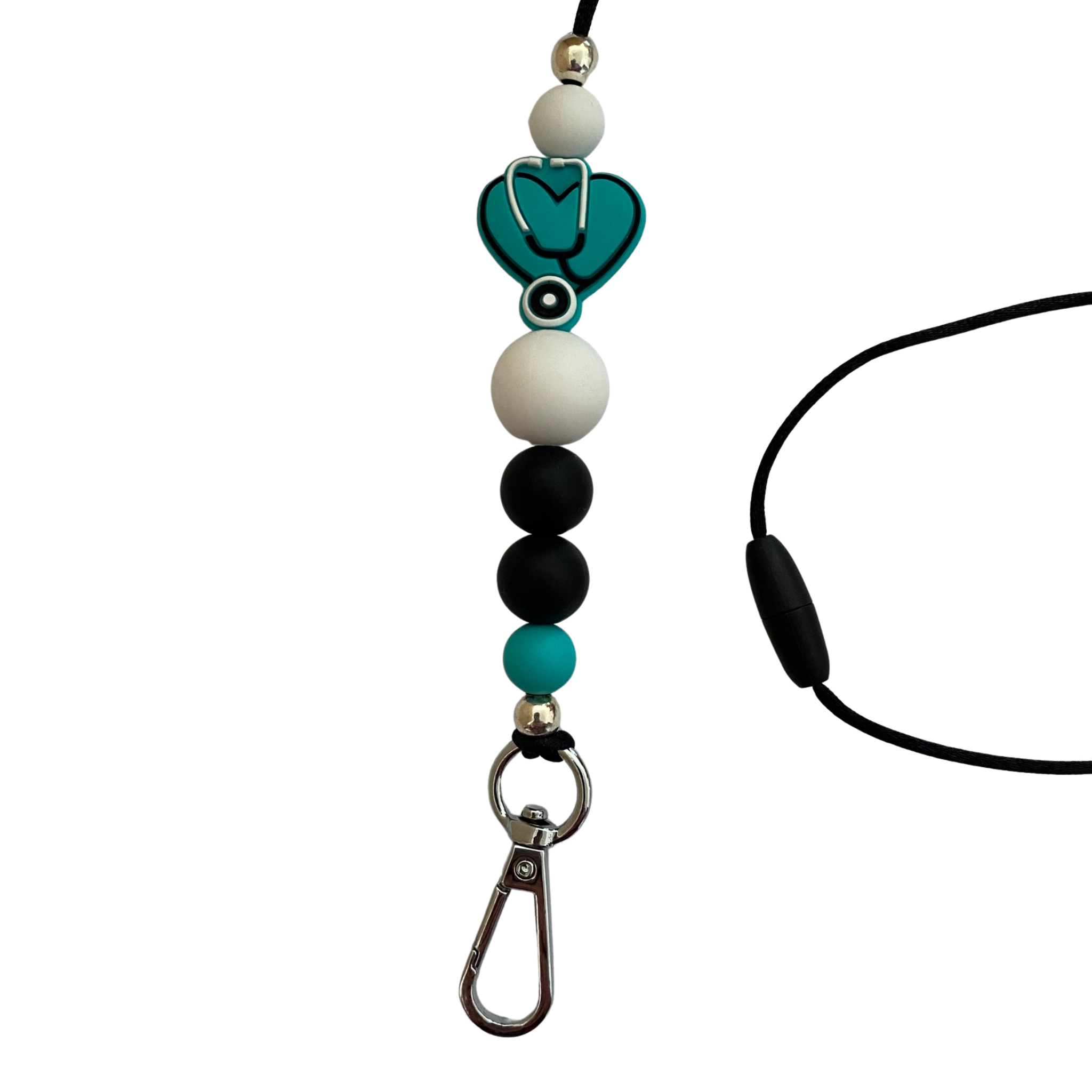 A 60cm lanyard fitted with a safety break away clasp and a Stethoscope Heart Turquoise silicone bead and other coloured round silicone beads.