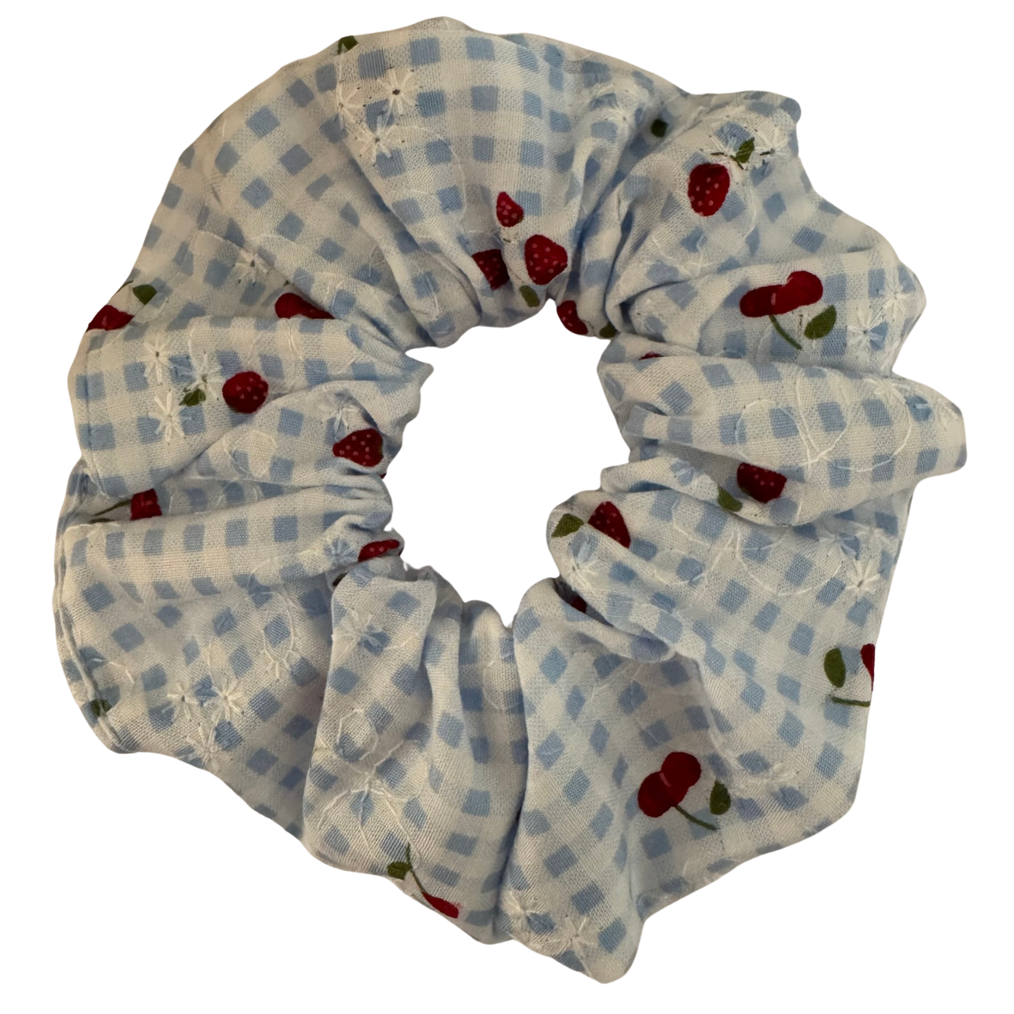 Strawberry Fields Blue Check Scrunchie featuring a sweet print of strawberries and cherries on a charming blue check background.