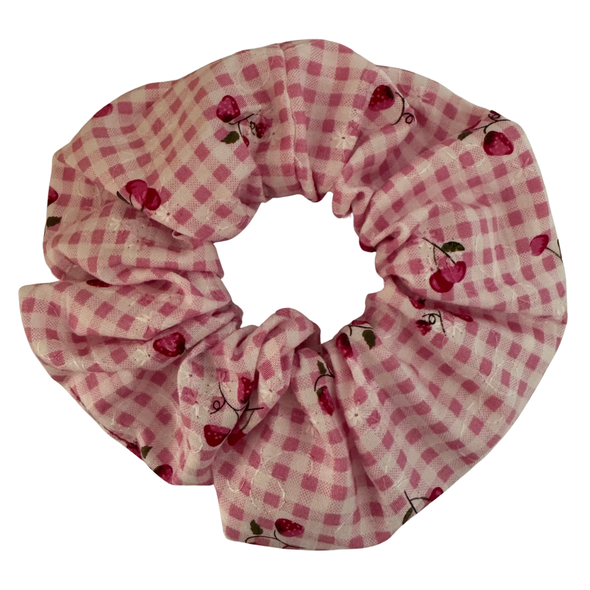 Strawberry Fields Pink Check Scrunchie featuring a sweet print of strawberries and cherries on a charming pink check background.