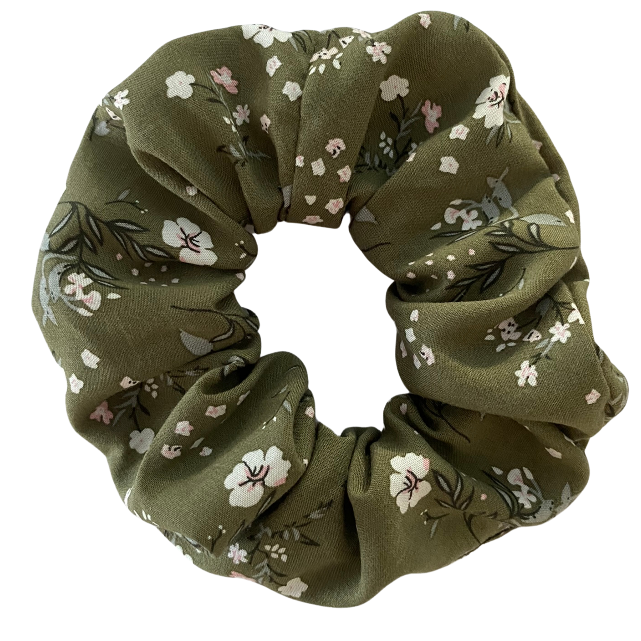 An olive green fabric scrunchie with a delicate white and pink floral print, shown against a plain white background.