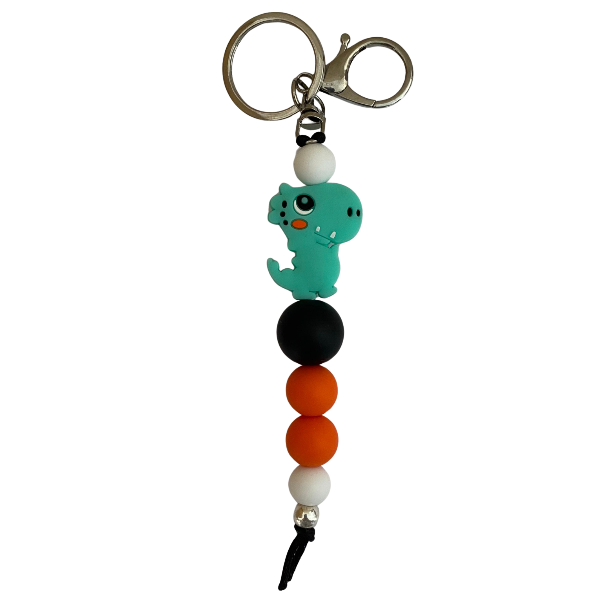 T-Rex Dinosaur Silicone Keyring with assorted coloured beads.