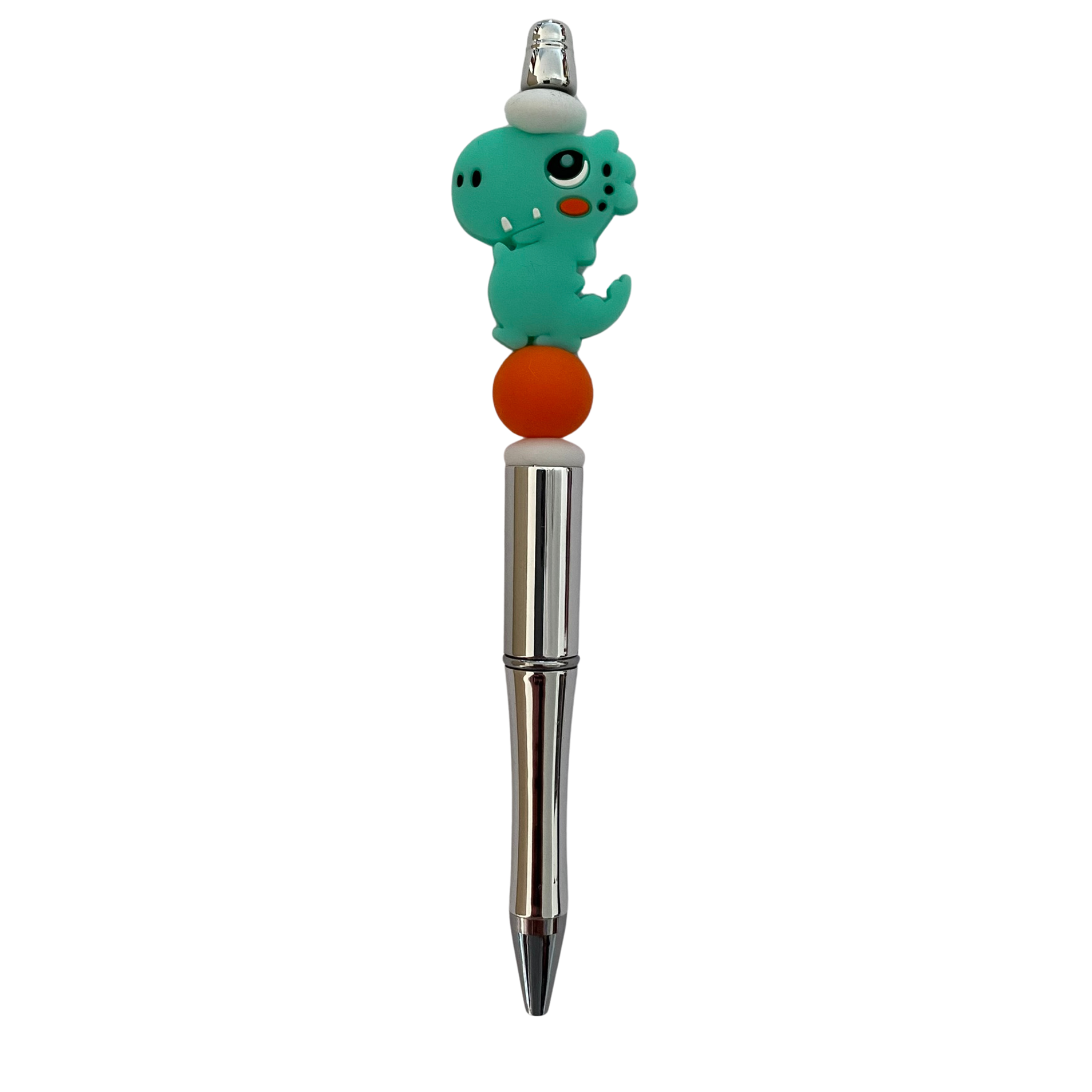 A black ink refillable pen with green T-Rex dinosaur silicone bead on top.
