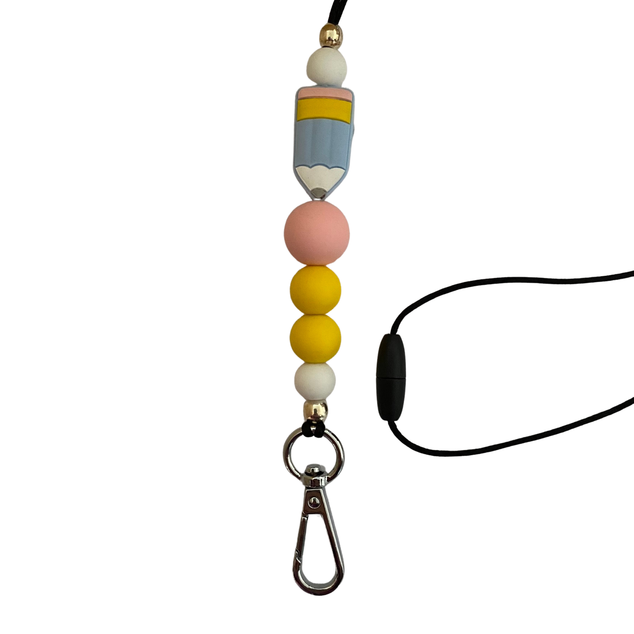 A 60cm lanyard fitted with a safety break away clasp featuring a pencil bead and other coloured round silicone beads.