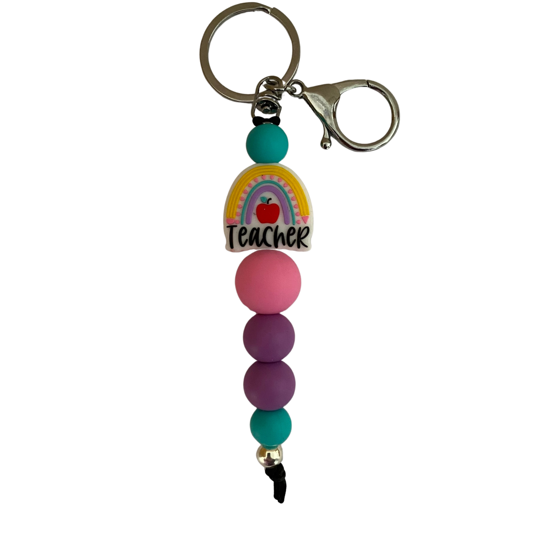 An 18cm keyring featuring a vibrant pencil rainbow charm, complete with an apple at the centre and the word Teacher beneath it and other coloured round silicone beads.