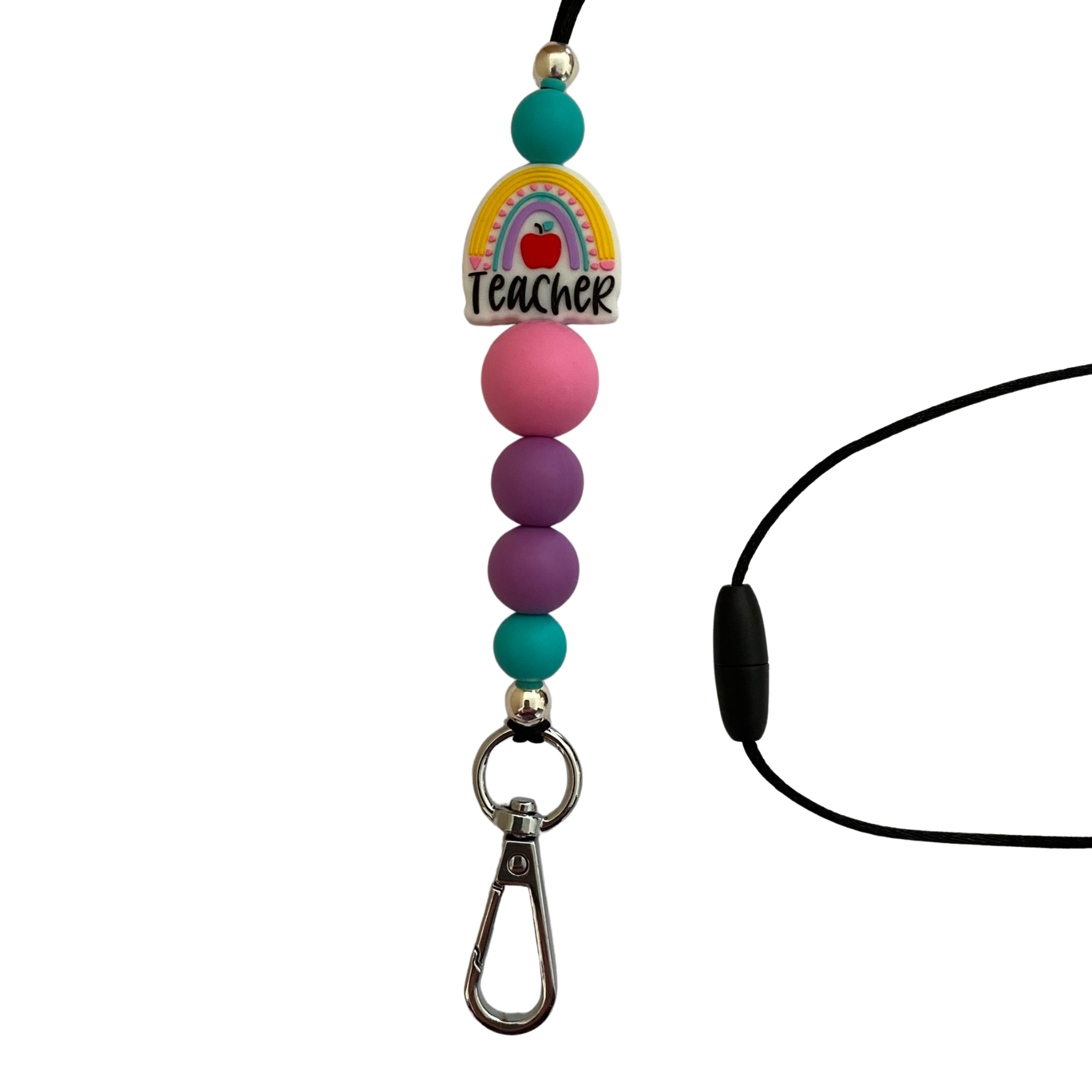 A 60cm lanyard fitted with a safety break away clasp and a teacher rainbow and apple silicone bead and other coloured round silicone beads.