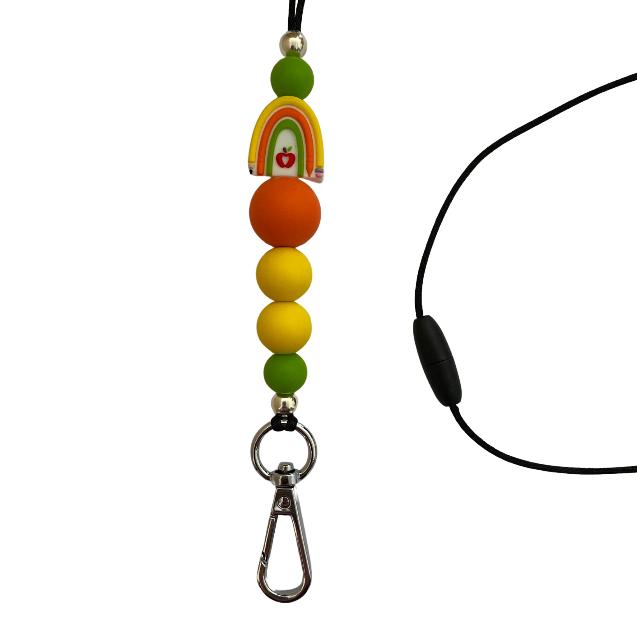 A 60cm lanyard fitted with a safety break away clasp and a Teacher's Sunshine Yellow Rainbow silicone bead and other coloured round silicone beads.
