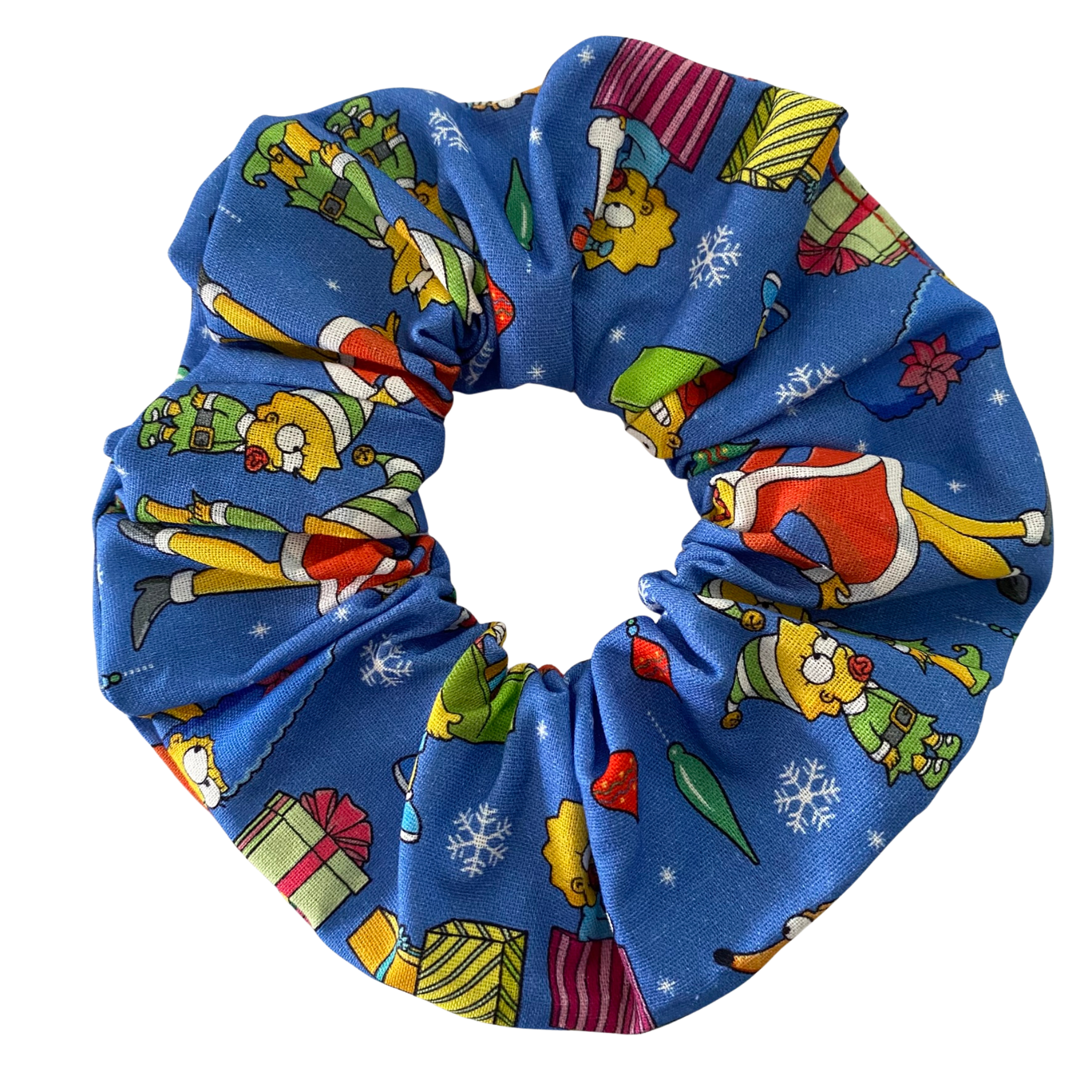 Blue scrunchie with festive Simpsons characters on a white background.