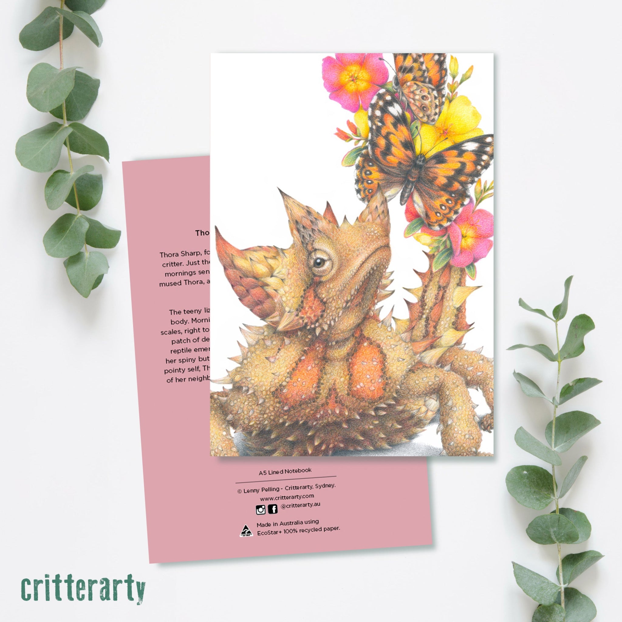 A5 premium lined notebook with 80 pages, luxuriously bound in a silky smooth, full colour cover featuring the Thorny Devil.