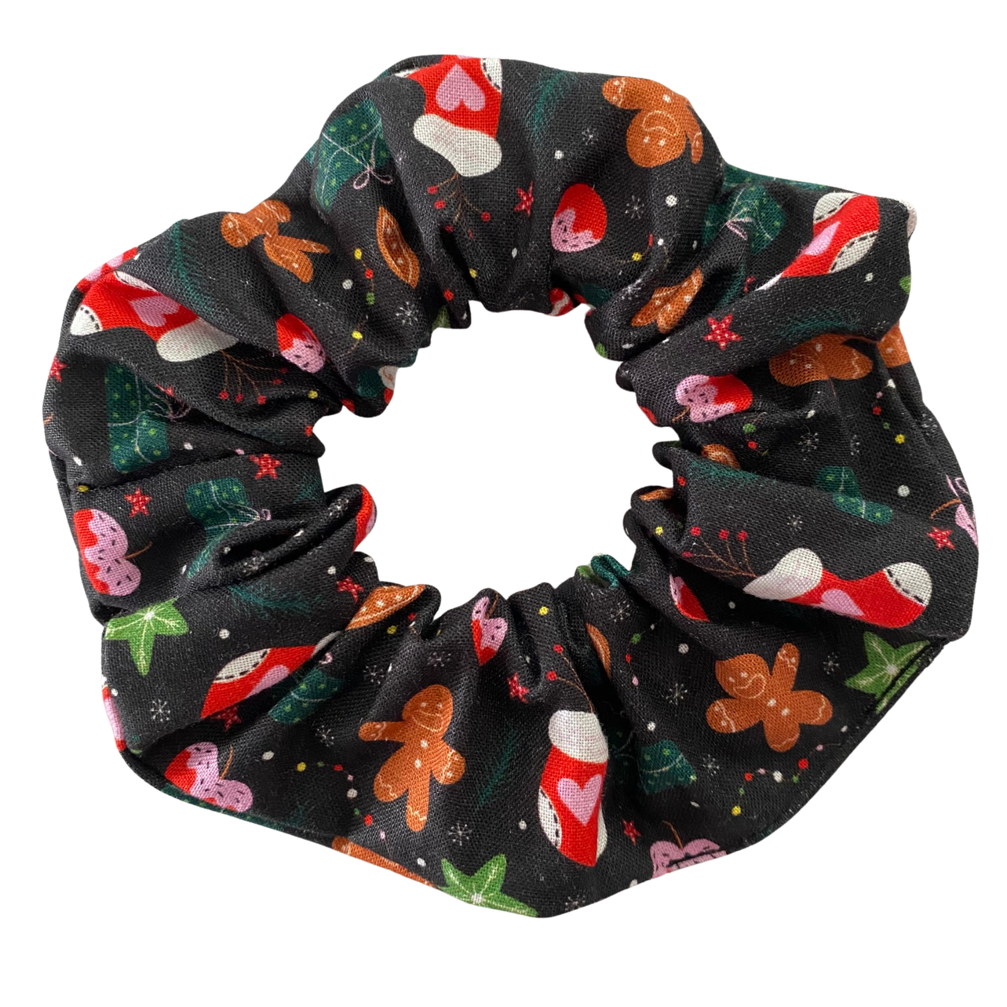Black scrunchie with Christmas-themed pattern on a white background.
