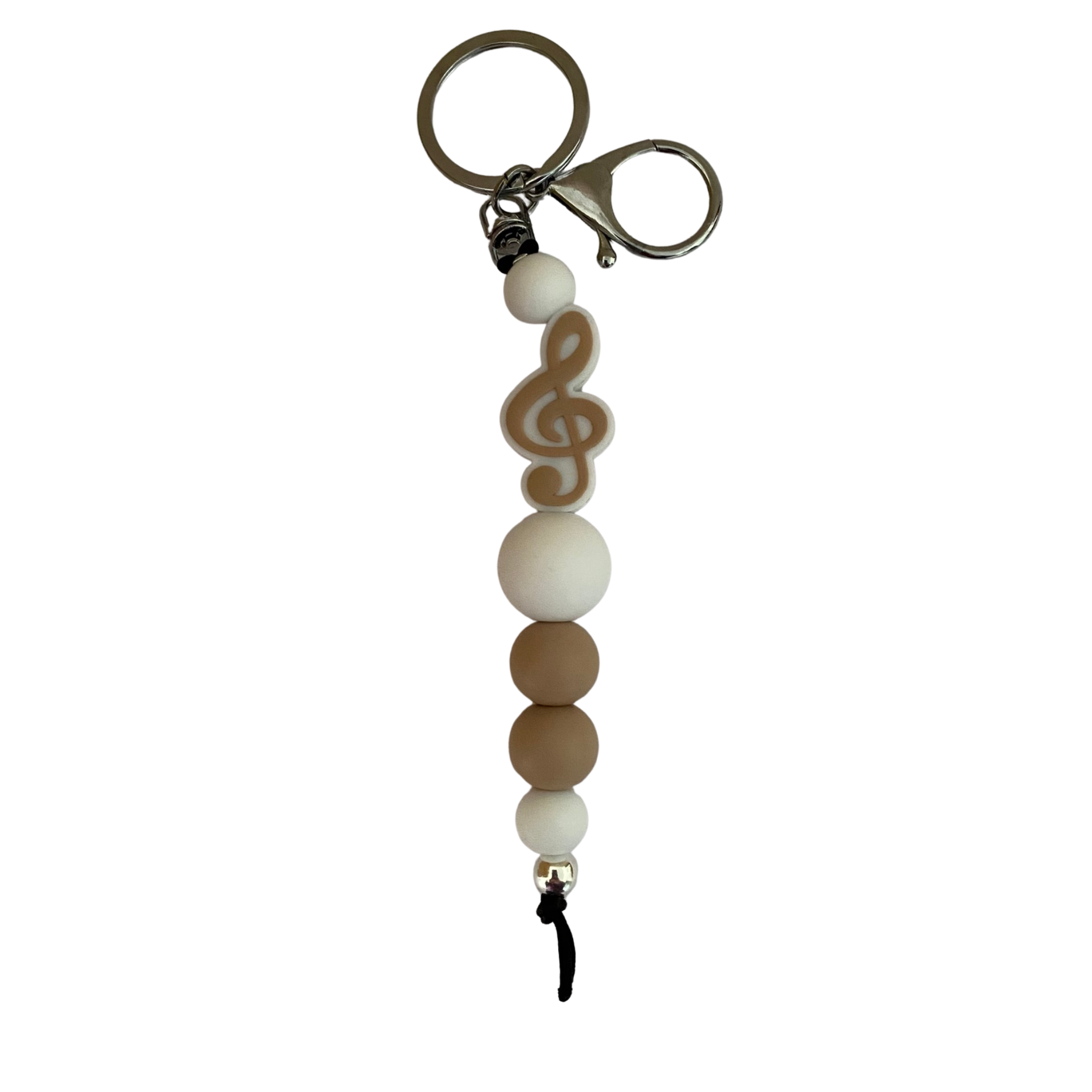 An 18cm keyring featuring a Treble Clef Musical Note silicone bead and other round coloured silicone beads.