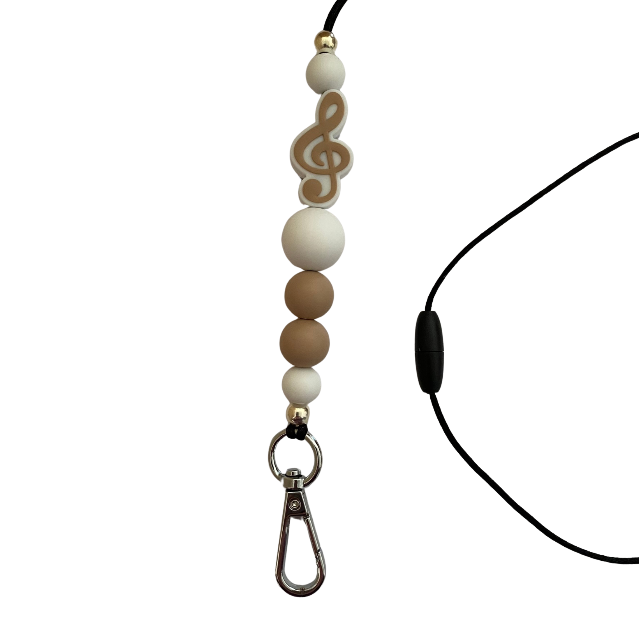 A 60cm lanyard fitted with a safety break away clasp and a Treble Clef Musical Note silicone bead and other coloured round silicone beads.