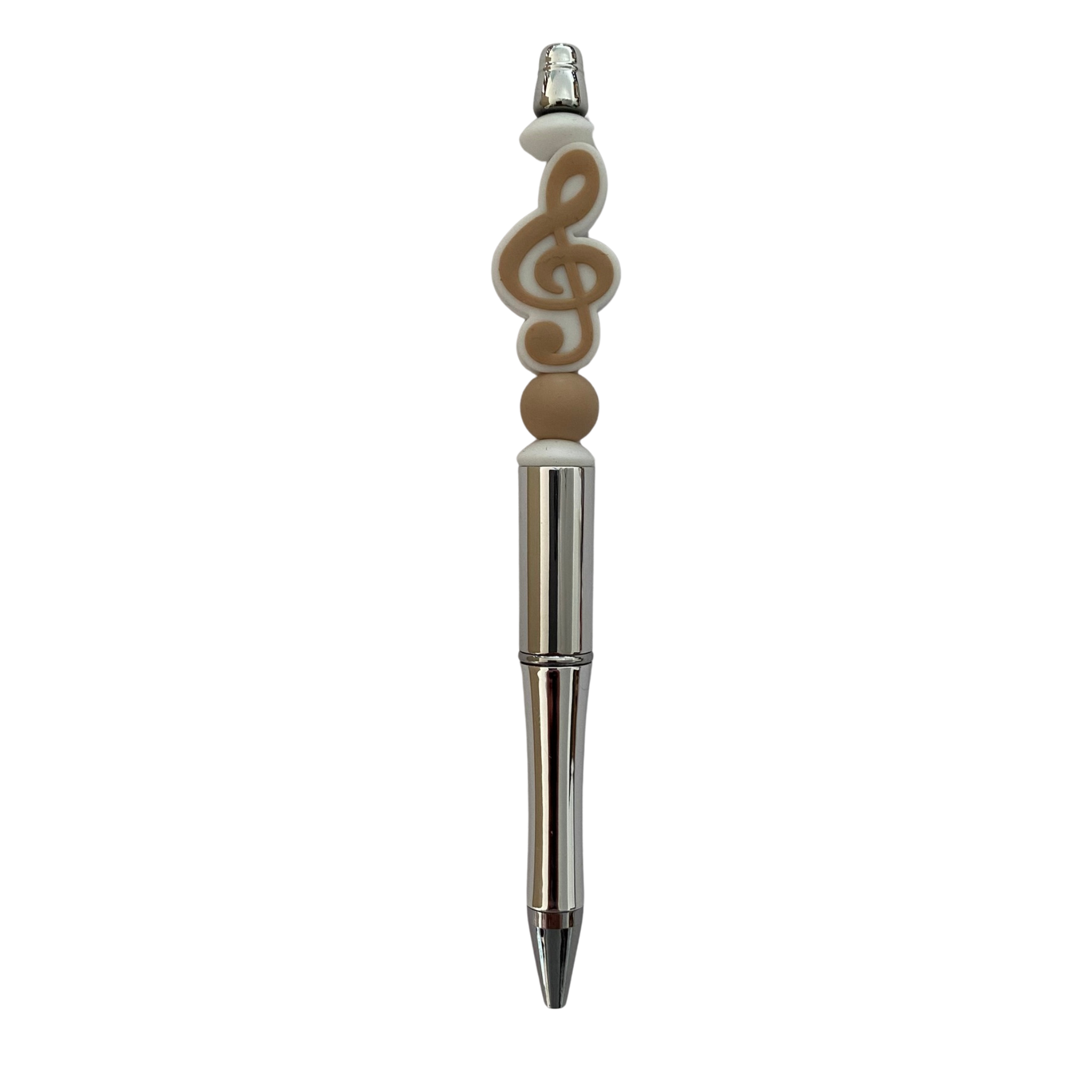 A black ink refillable pen featuring an oatmeal coloured Treble Clef Musical Note on top.