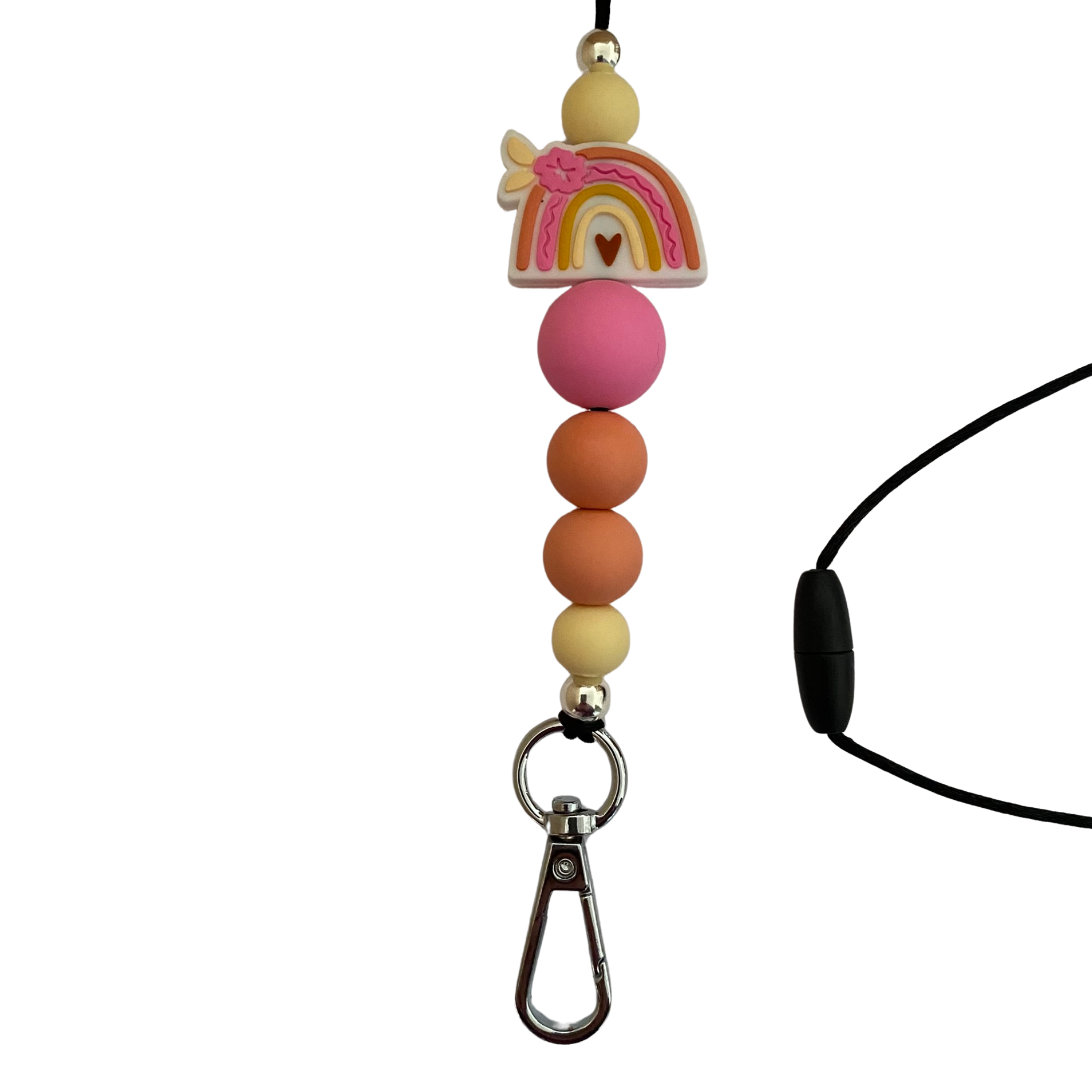 A 60cm lanyard fitted with a safety break away clasp featuring a tropical rainbow bead adorned with a hibiscus flower and other coloured round silicone beads.