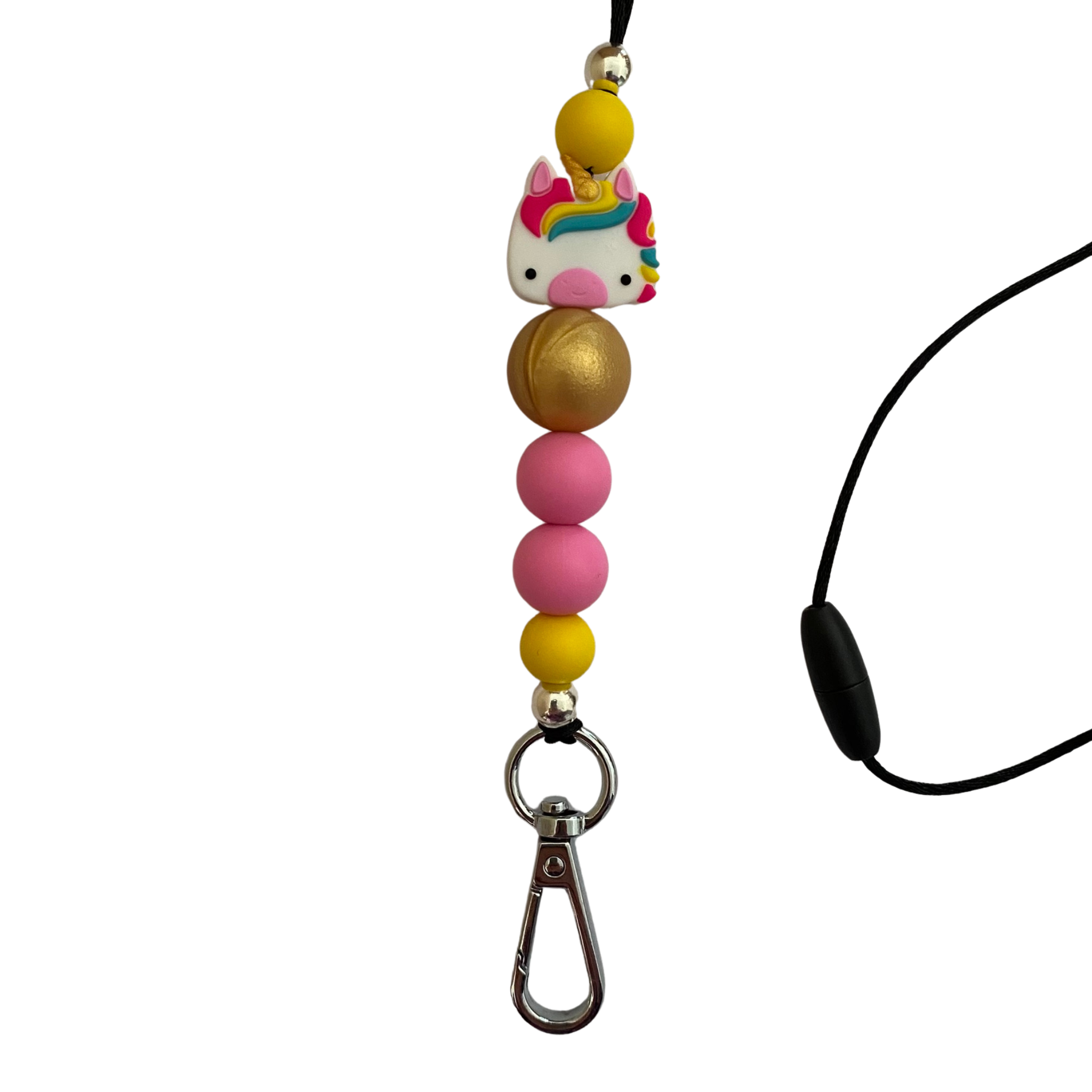 A 60cm lanyard fitted with a safety break away clasp and a unicorn cotton candy pink silicone bead and other coloured round silicone beads.
