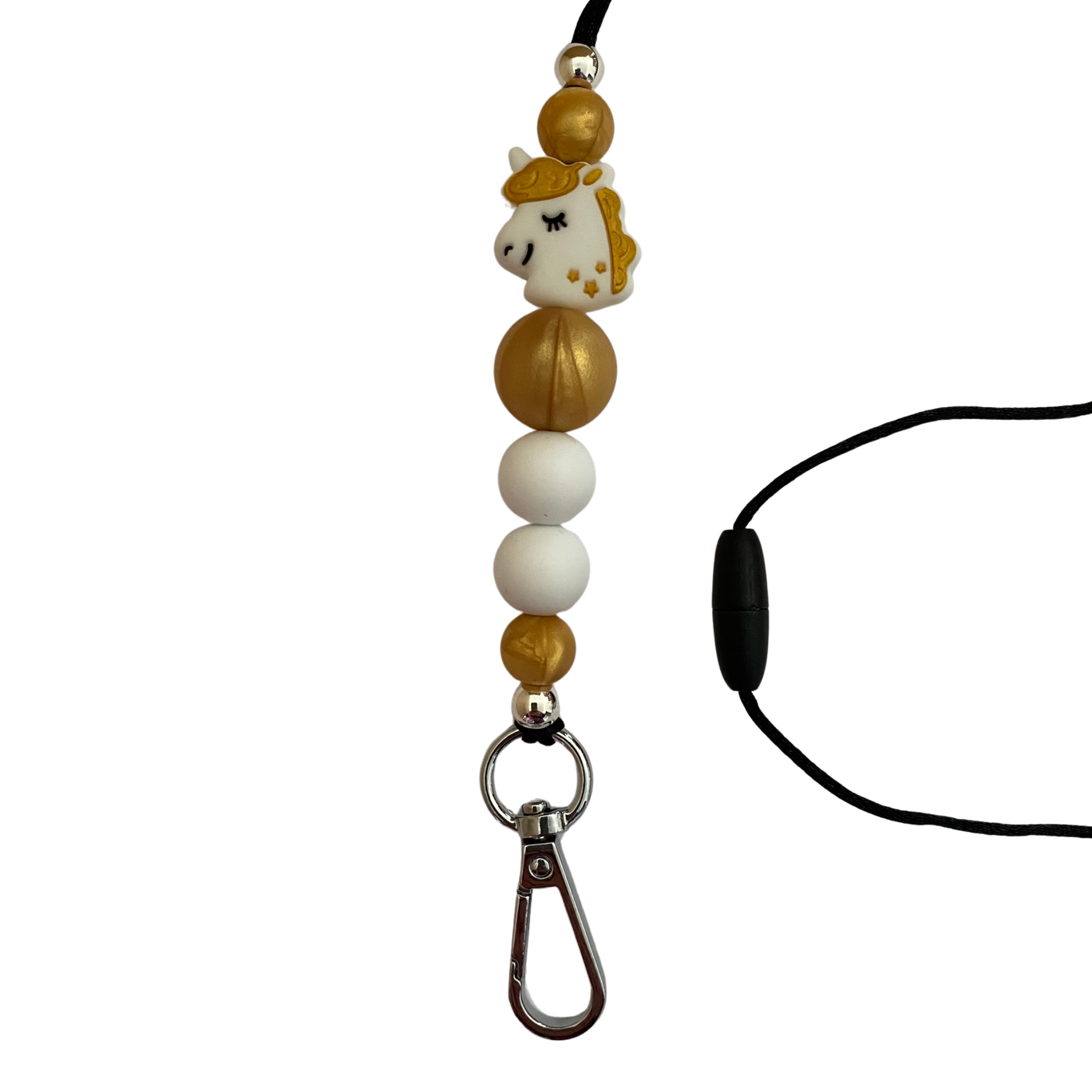 A 60cm lanyard fitted with a safety break away clasp featuring gold unicorn head bead and other coloured round silicone beads.
