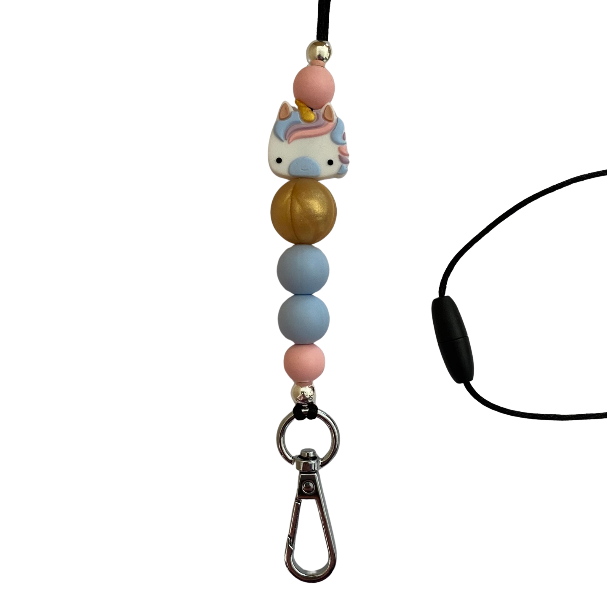 A 60cm lanyard fitted with a safety break away clasp and a unicorn pastel blue silicone bead and other coloured round silicone beads.
