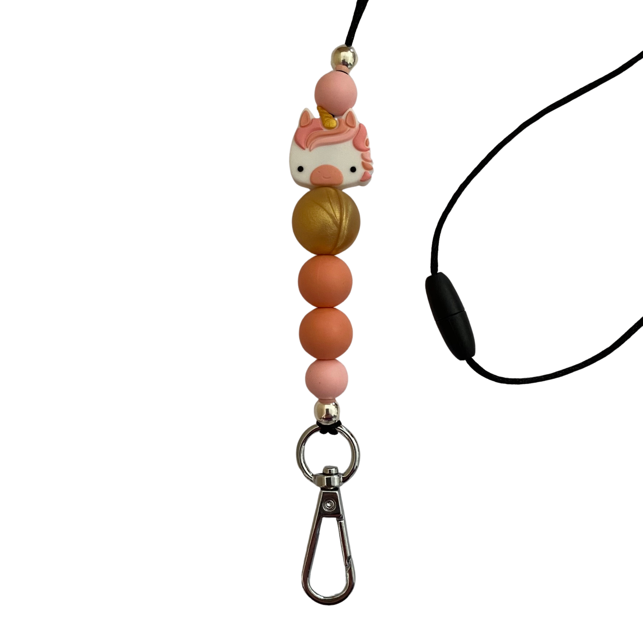 A 60cm lanyard fitted with a safety break away clasp and a unicorn southern peach silicone bead and other coloured round silicone beads.
