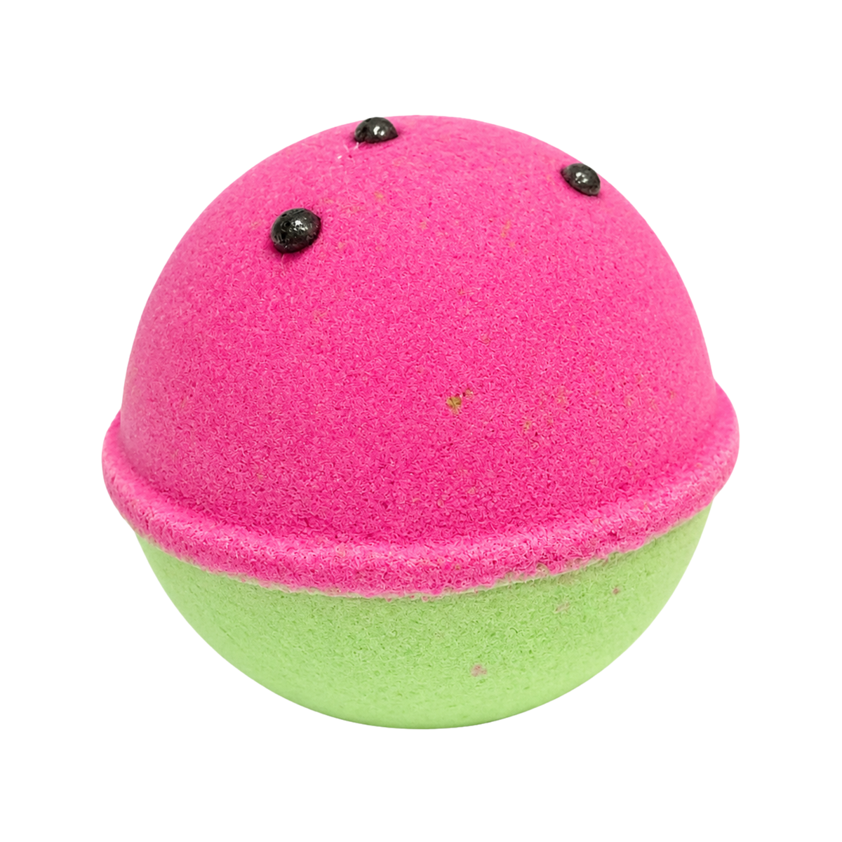 Round bomb features a lime-green base and a bright pink top, finished with realistic watermelon seeds.
