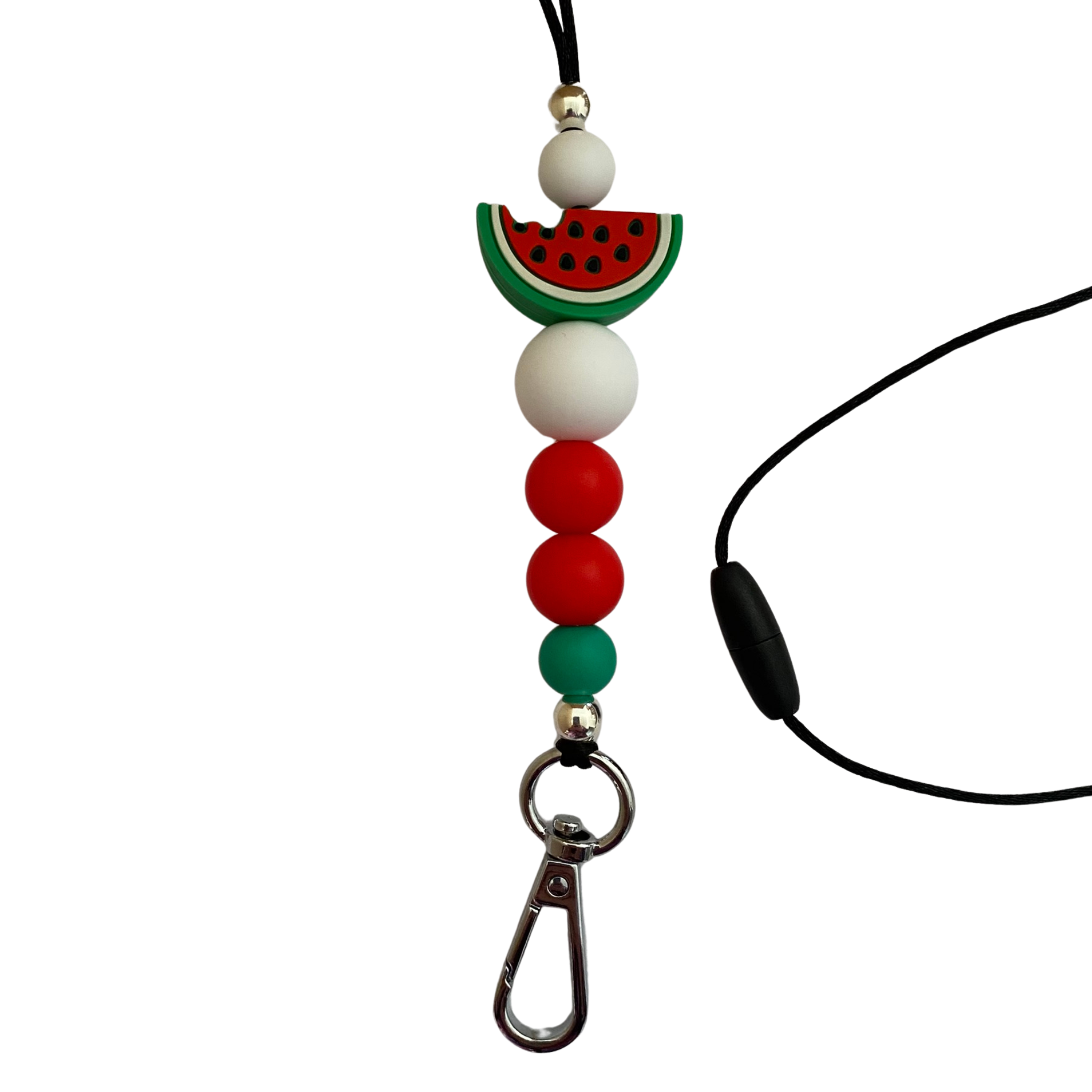A 60cm lanyard fitted with a safety break away clasp featuring a watermelon slice bead and other coloured round silicone beads.