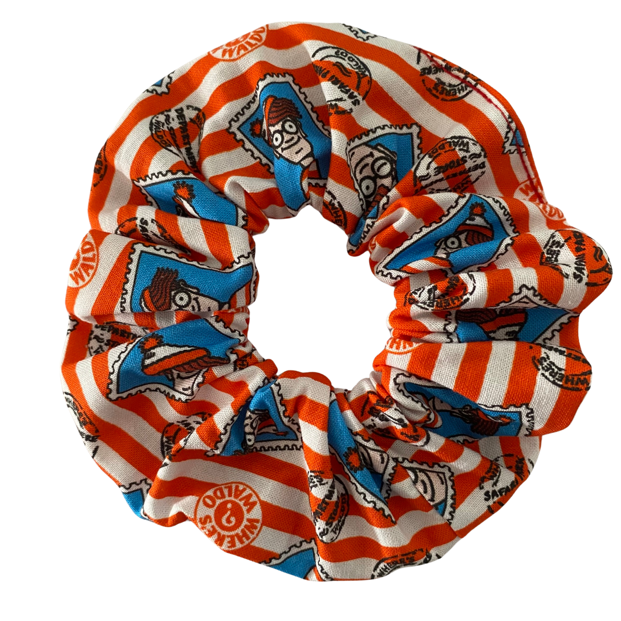 Where’s Wally Stamp Stripe Scrunchie featuring colourful stamp-like stripes and iconic Where’s Wally character details, handmade from cotton fabric.