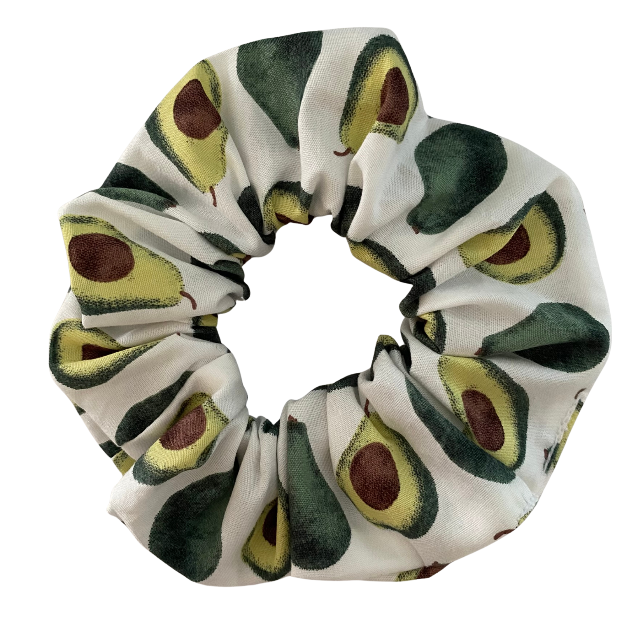 White Avocado Scrunchie featuring playful avocado illustrations on a crisp white cotton poplin fabric; handmade with durable braided elastic.