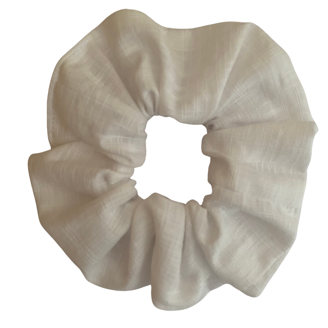 White Linen Scrunchie is handmade from cotton woven fabric and features strong braided elastic.