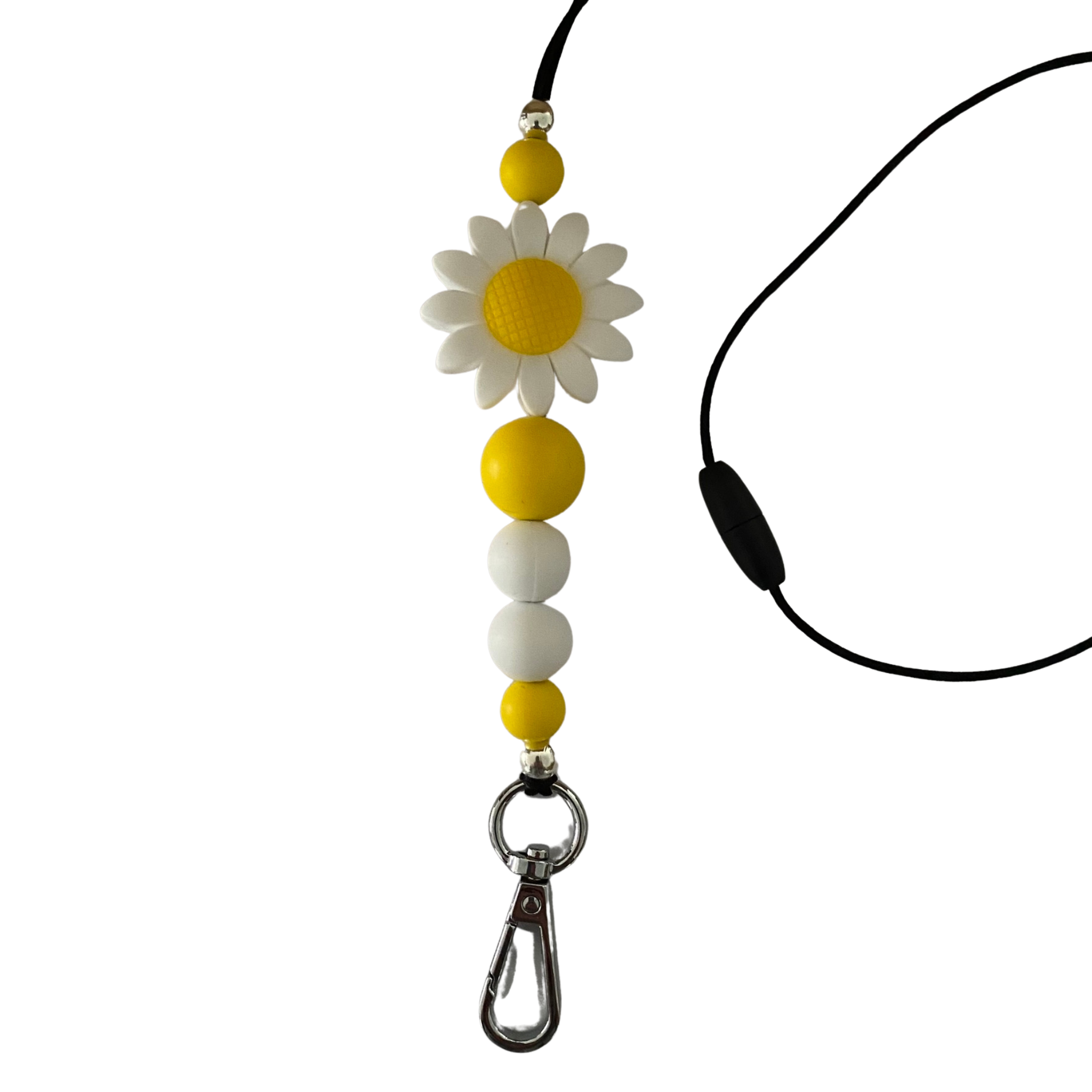 A 60cm black cord lanyard with breakaway clasp with a large white sunflower silicone bead and other coloured silicone beads.