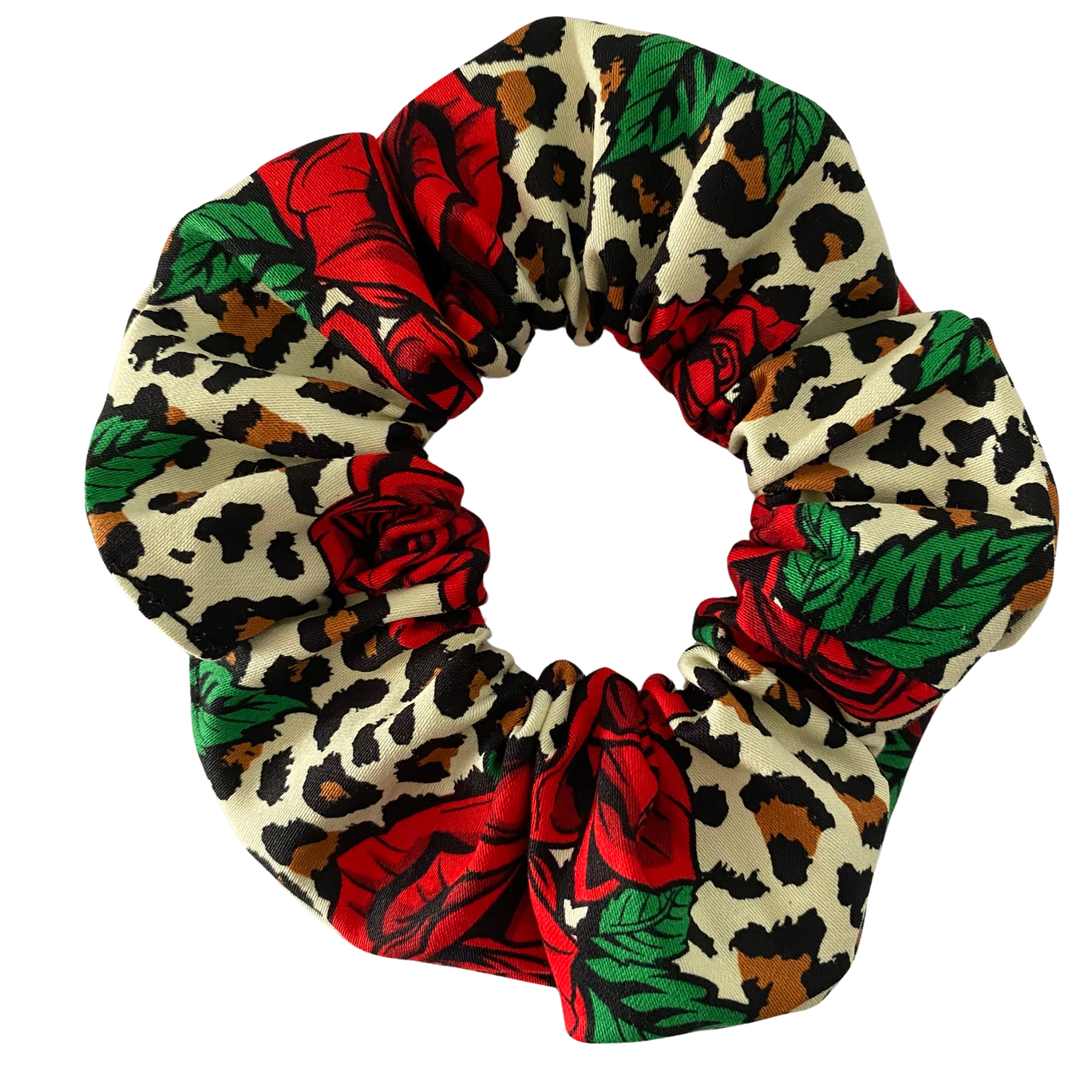 Wild Thing Scrunchie made from soft cotton sateen, featuring a bold red rose and leopard print design with durable braided elastic for secure hold.