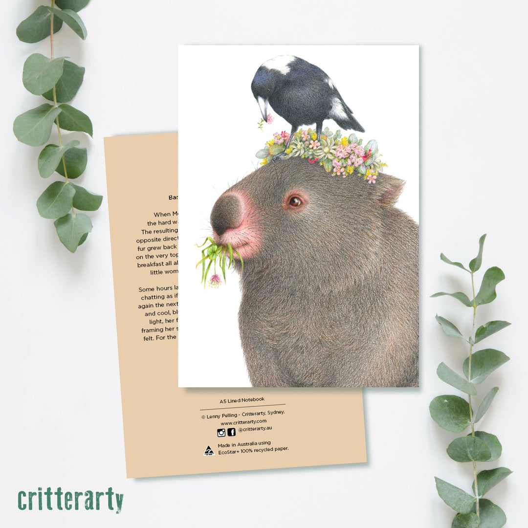 A5 premium lined notebook with 80 pages, luxuriously bound in a silky smooth, full colour cover featuring a Wombat and Magpie.