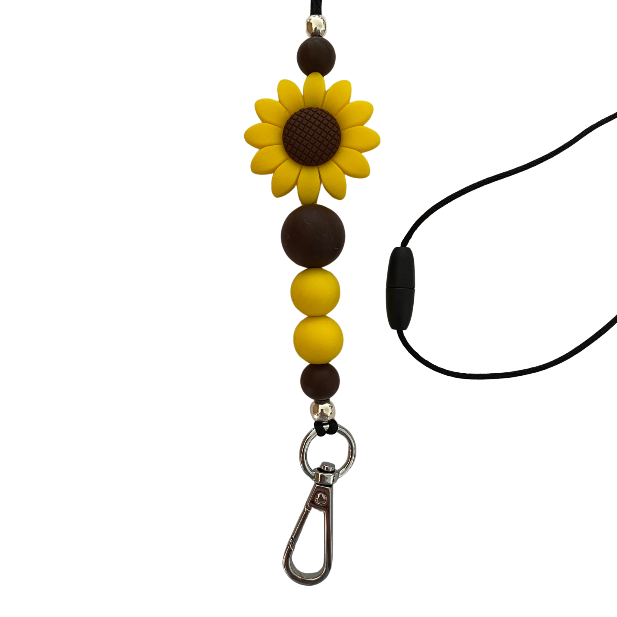 A 60cm black cord lanyard with breakaway clasp with a Yellow Sunflower silicone bead and other coloured silicone beads.