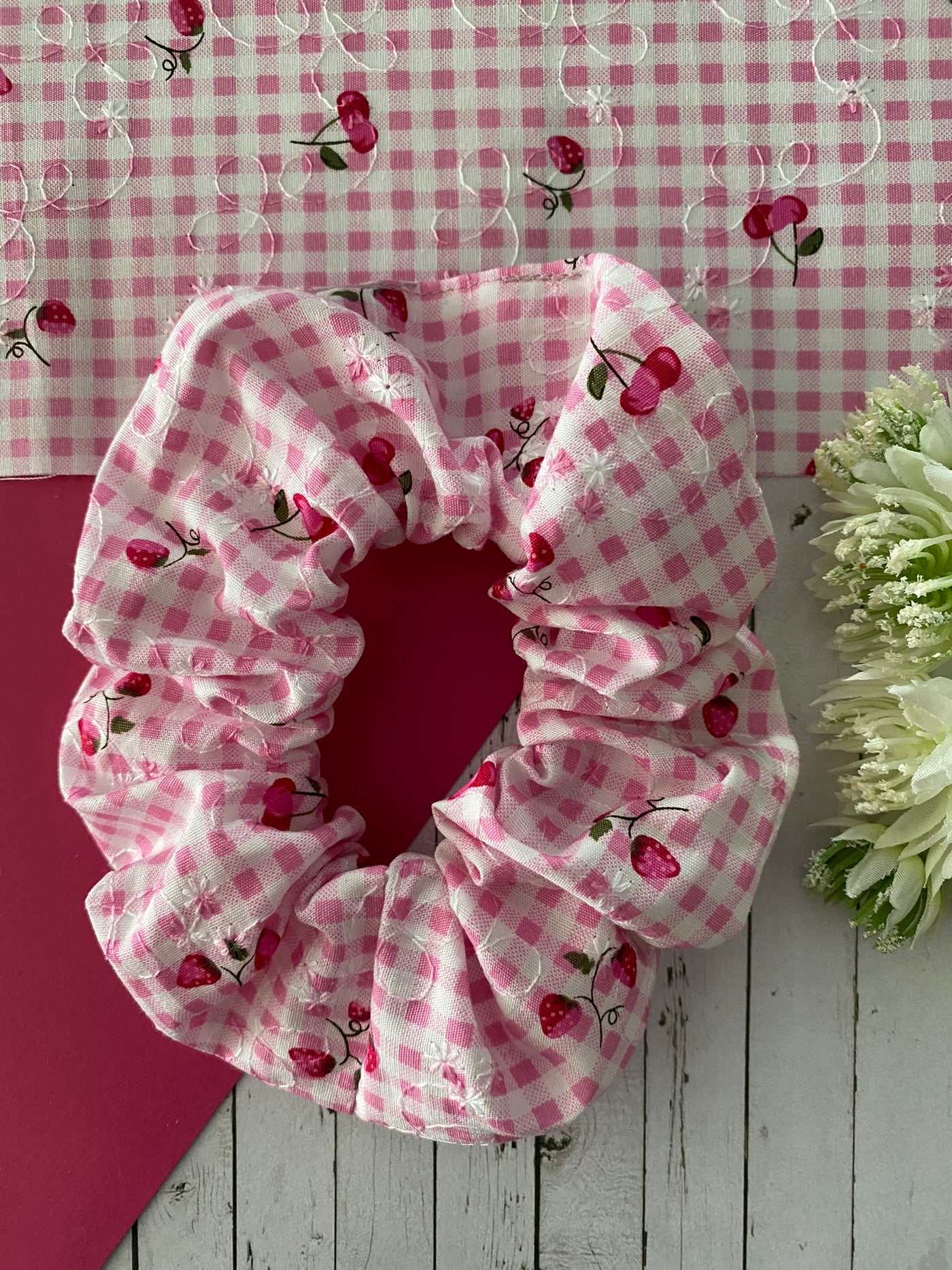 Cherries on Pink Gingham Scrunchie