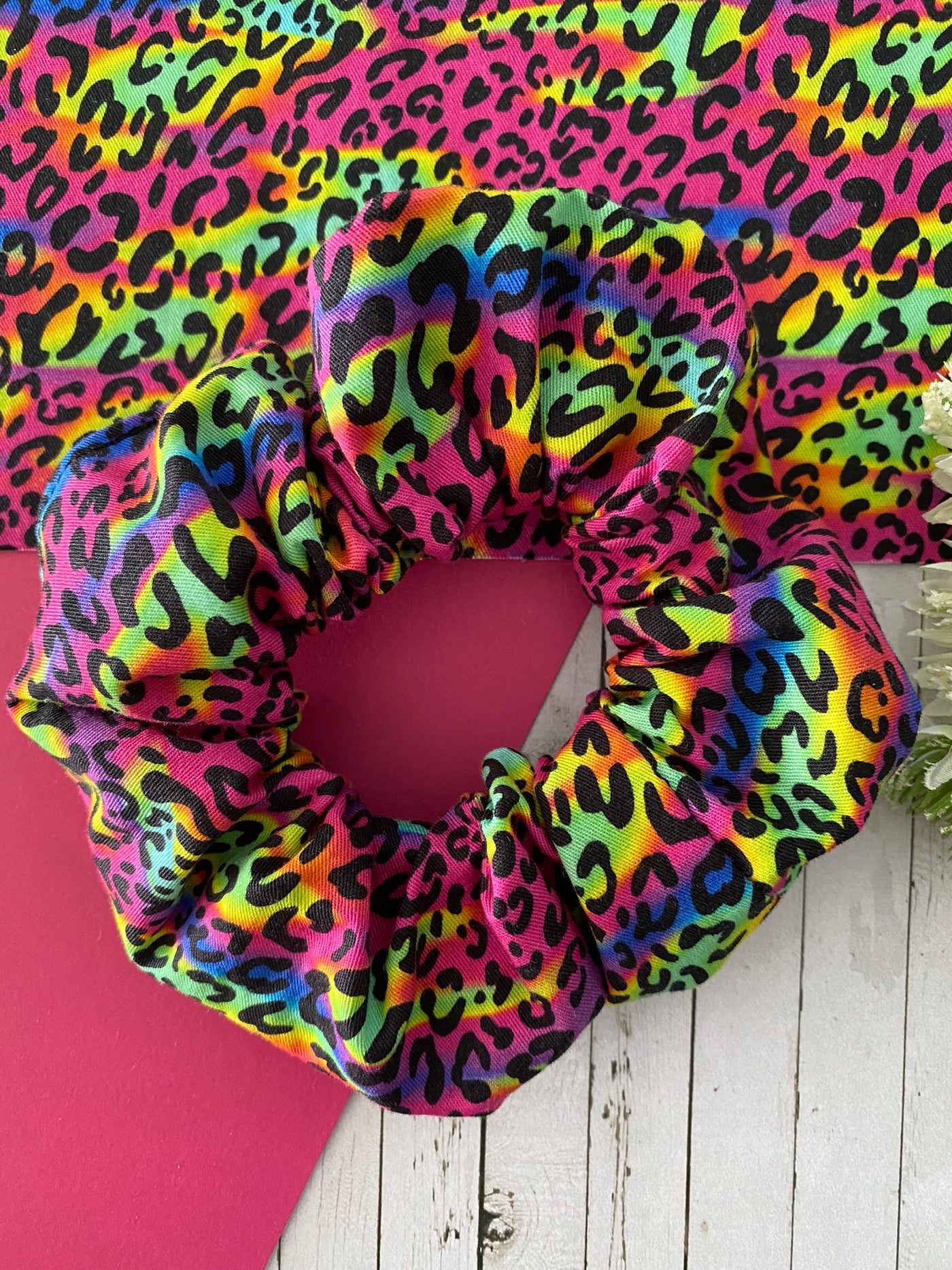 Fluro Rainbow Leopard Scrunchie